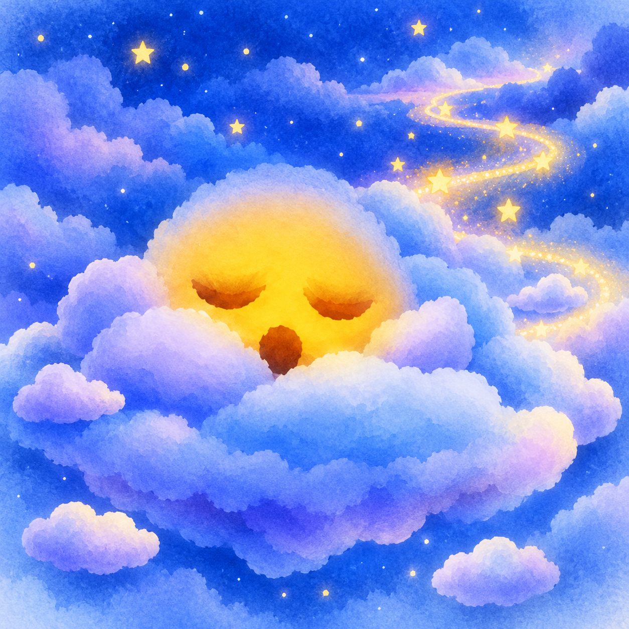 Sleepy ZZZ on a floating cloud island with a glowing trail of stars