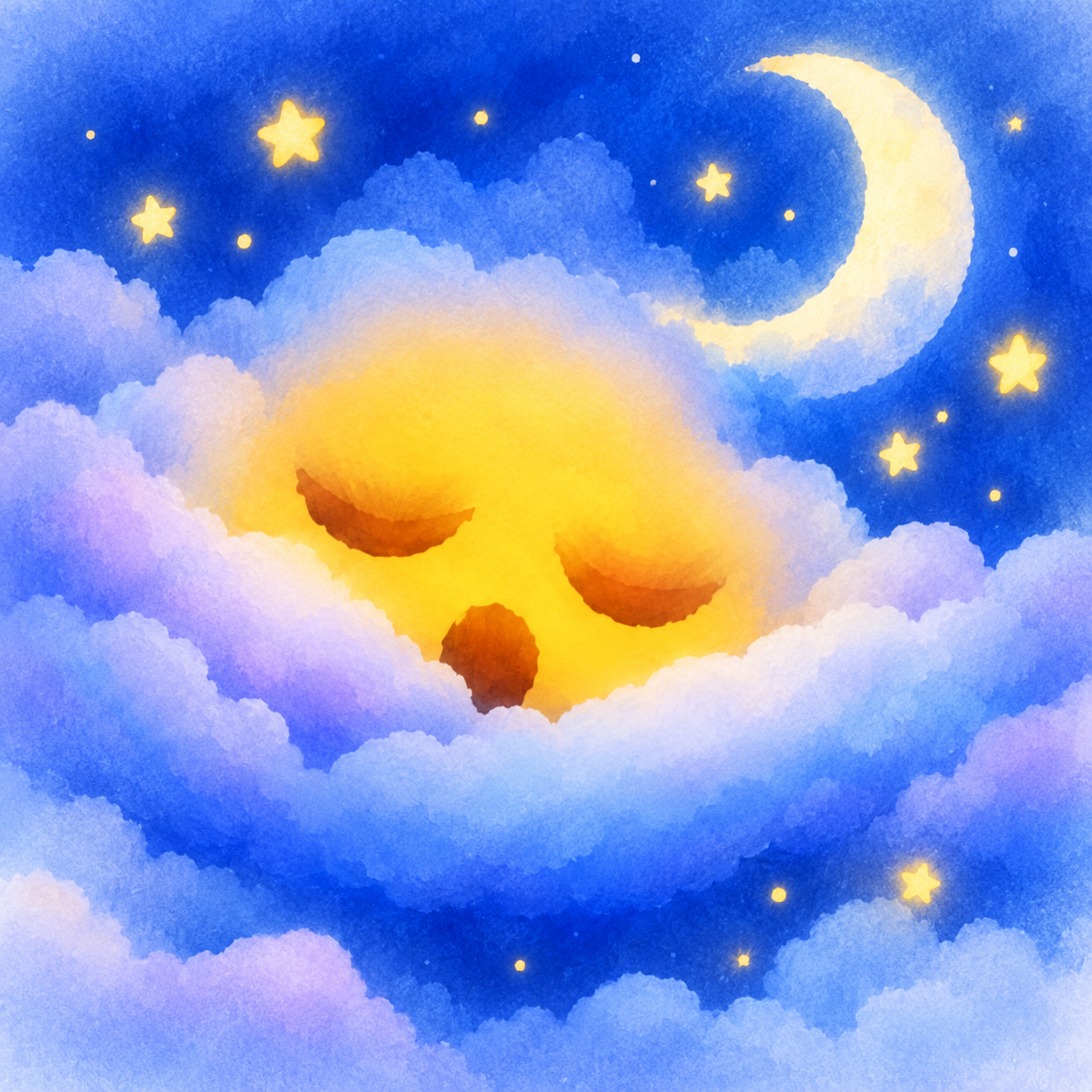 Yellow sleepy ZZZ mascot tucked into blue clouds beneath a crescent moon